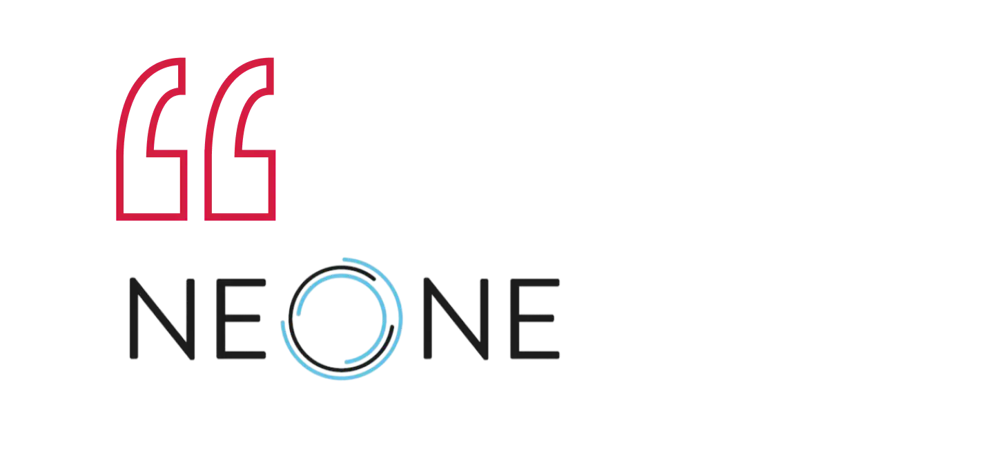 Logo featuring a large, stylized red quotation mark icon above the word "NEONE" with a blue circular element in the second "O".