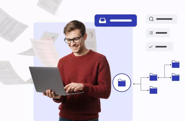 A smiling young man wearing a red sweater and glasses is typing on a laptop, surrounded by graphics illustrating document management. On the left, paper documents are shown floating away, implying digitization. In the top right, digital documents with "PDF" icons are arranged in a grid, suggesting organization and searchability. Below that, a flow chart of connected file folders suggests a structured workflow or document storage system. A red circular icon, possibly a loading or processing indicator, is visible near his left shoulder. The background is white.