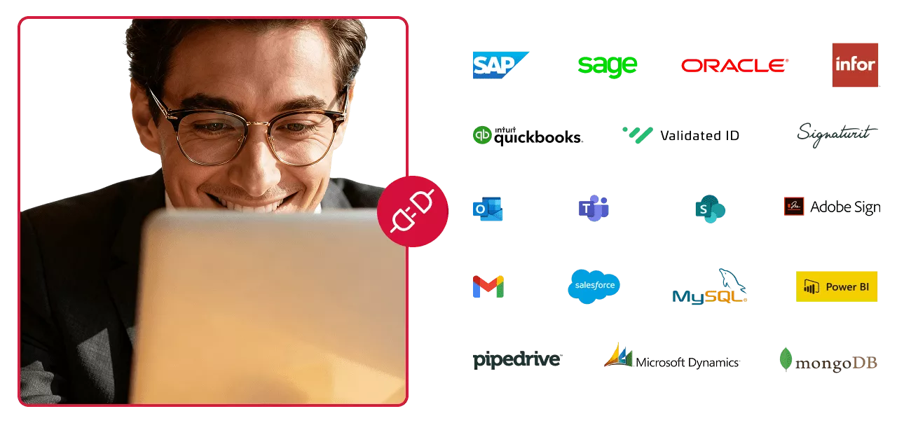 A smiling, bespectacled business professional looks down at a laptop screen, positioned next to a grid displaying the logos of numerous software platforms, including SAP, Oracle, Microsoft 365, Salesforce, and MySQL, representing seamless integration with enterprise applications.