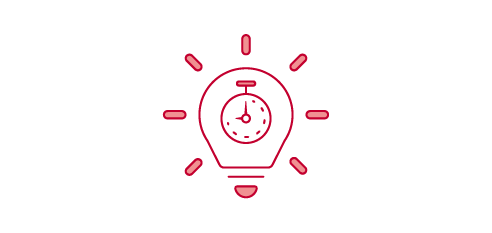  A pink outline icon of a lightbulb with a clock face inside.