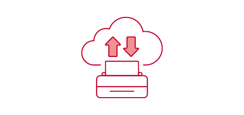 Icon of a cloud with two arrows, one pointing up and one pointing down, is positioned above a red outline of a router.