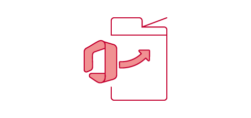 Icon of the Microsoft Office logo with a curved arrow pointing to the right towards a red outline of a printer.