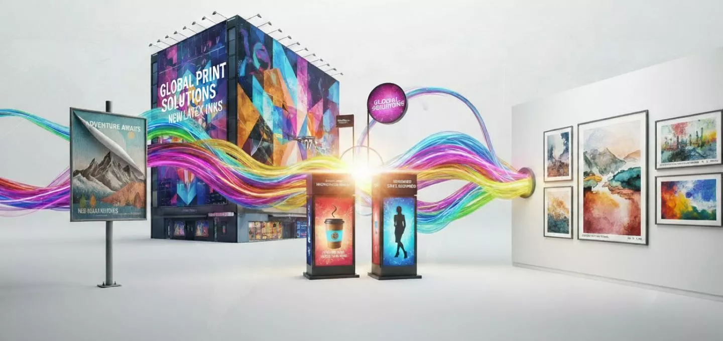  A dynamic, digital illustration depicting a wide range of printed materials and applications. A swirling stream of colorful ribbons emanates from a portal on the right, flowing through various printed displays. These displays include a large building-sized billboard, a smaller outdoor sign with an image of a mountain, two digital kiosks with glowing advertisements, and a gallery wall with multiple framed art prints. The overall image highlights the versatility and creative possibilities of printing across different mediums.