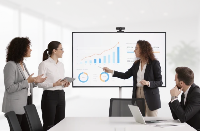 A team in a meeting room discusses data as one presenter points to charts on a large screen.