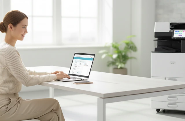 A woman smiling while using a laptop in a bright office next to a professional Ricoh multifunction printer.