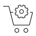 Icon of a black-outlined shopping cart with a gear resting inside it, representing e-commerce configuration, shopping automation, or product settings.